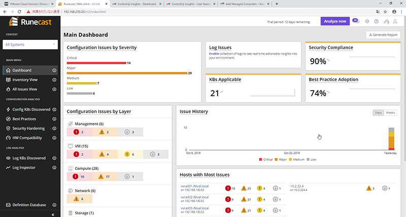 Runecast Analyzerの画面例 main dashbord